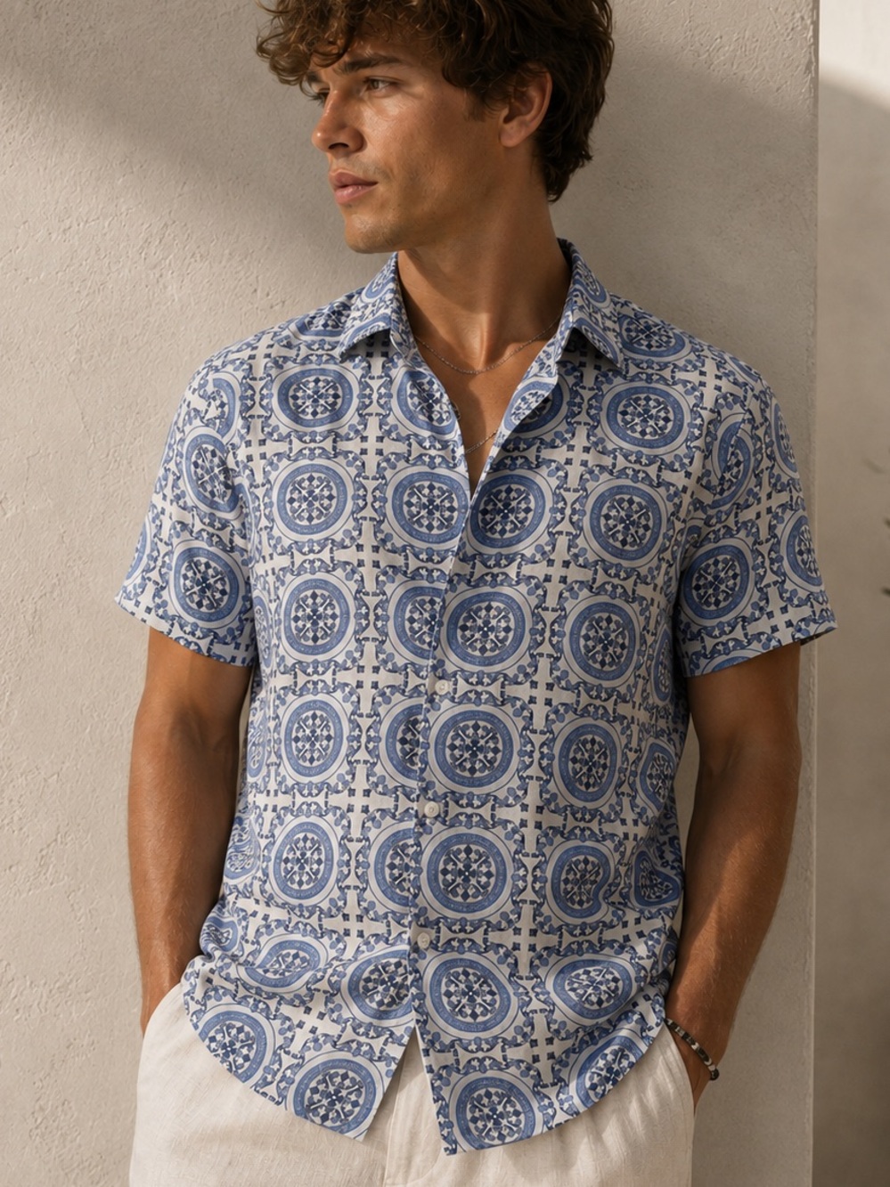 NWT Essex Crossing Blue Geometric Button Down Shirt S Vacation Preppy Casual Lux
